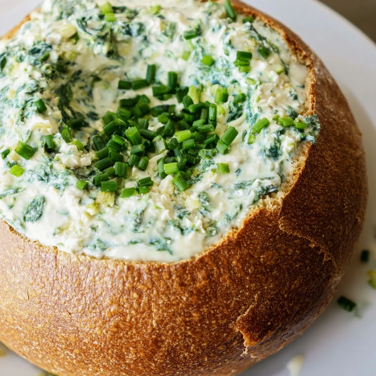 Warm spinach dip steaming from a hollowed sourdough bread bowl, garnished with chives and ready for dipping.