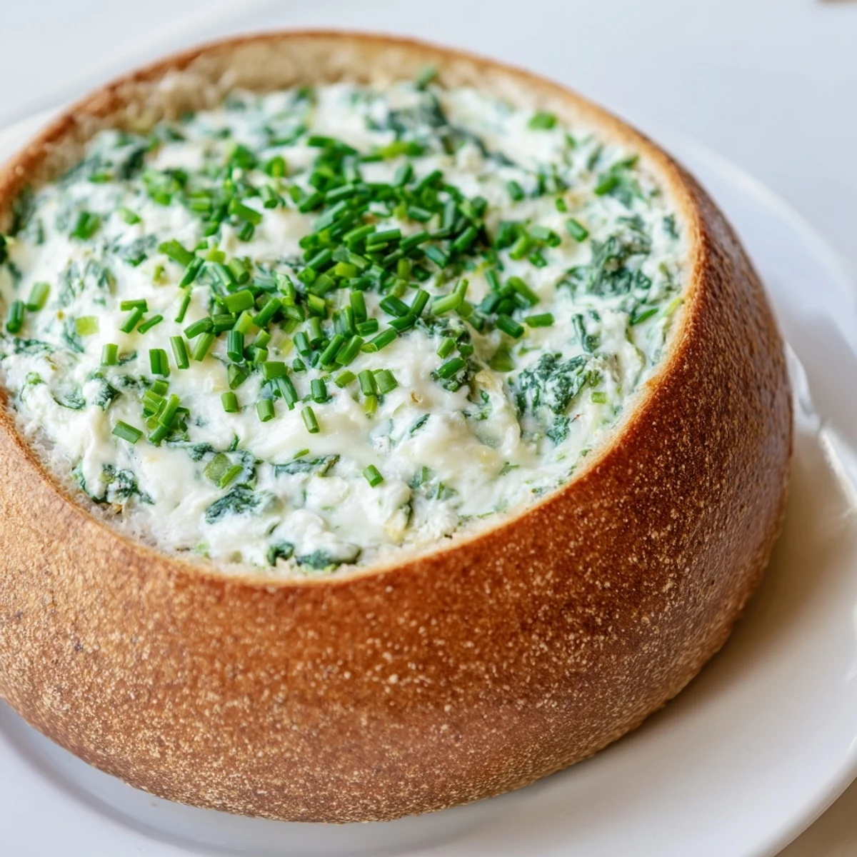 Hearty sourdough bread bowl filled with creamy spinach dip, paired with colorful veggie crudités on a platter.