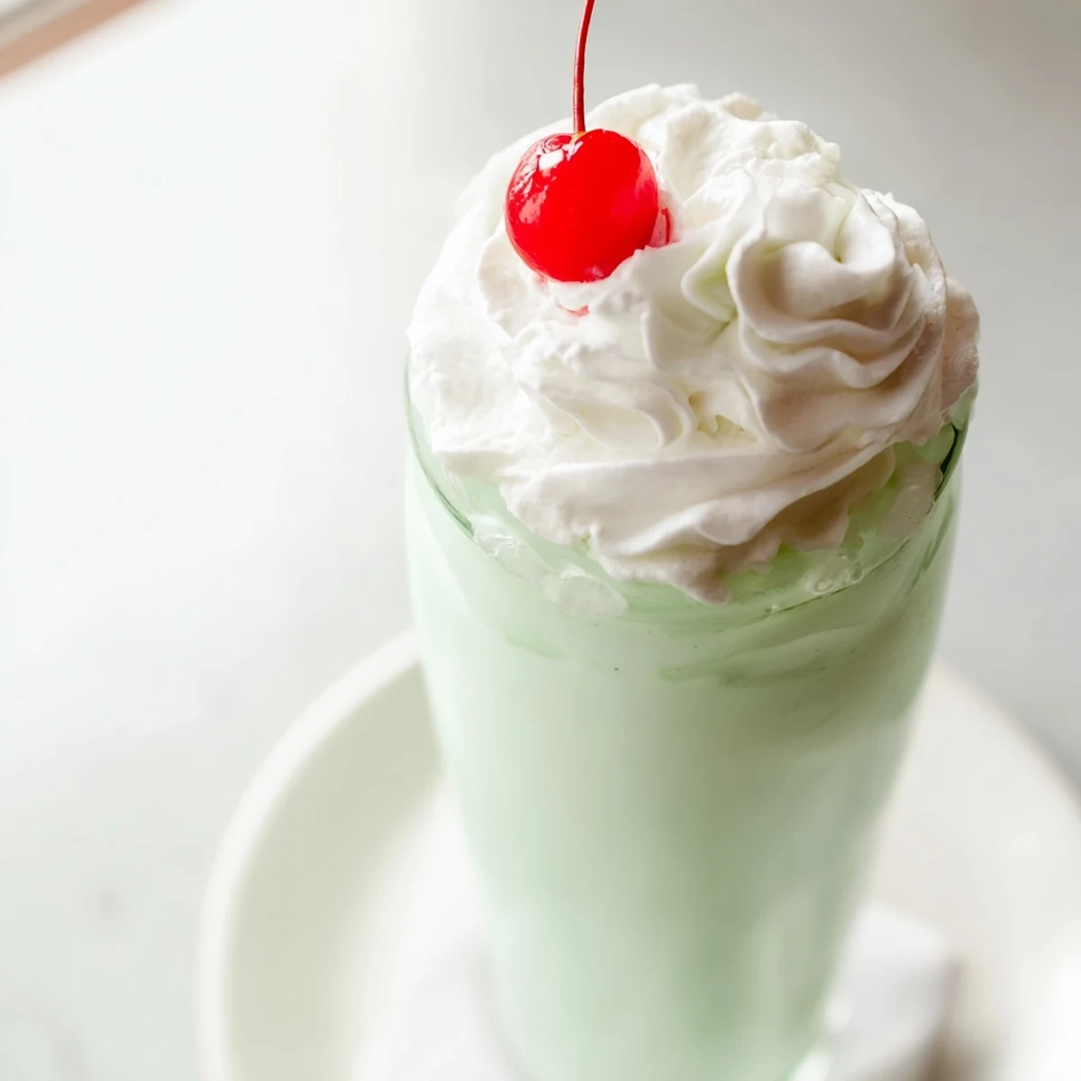 Creamy mint milkshake topped with a maraschino cherry and whipped cream, served in a chilled glass on a warm summer day.
