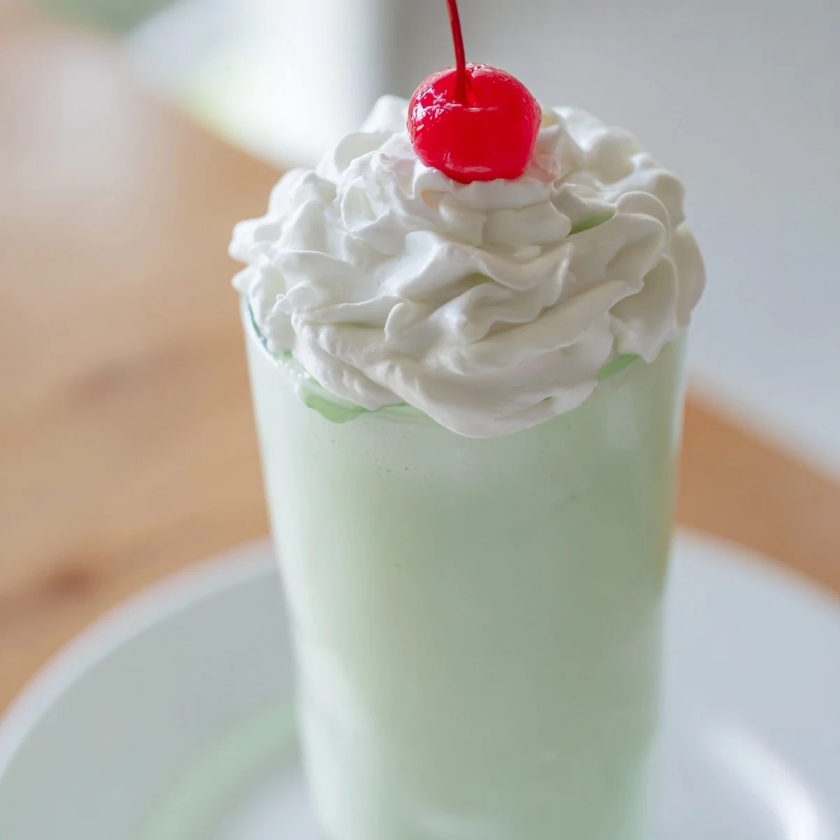 Frothy green mint milkshake blending vanilla ice cream with milk, garnished with a bright maraschino cherry for a festive American dessert.