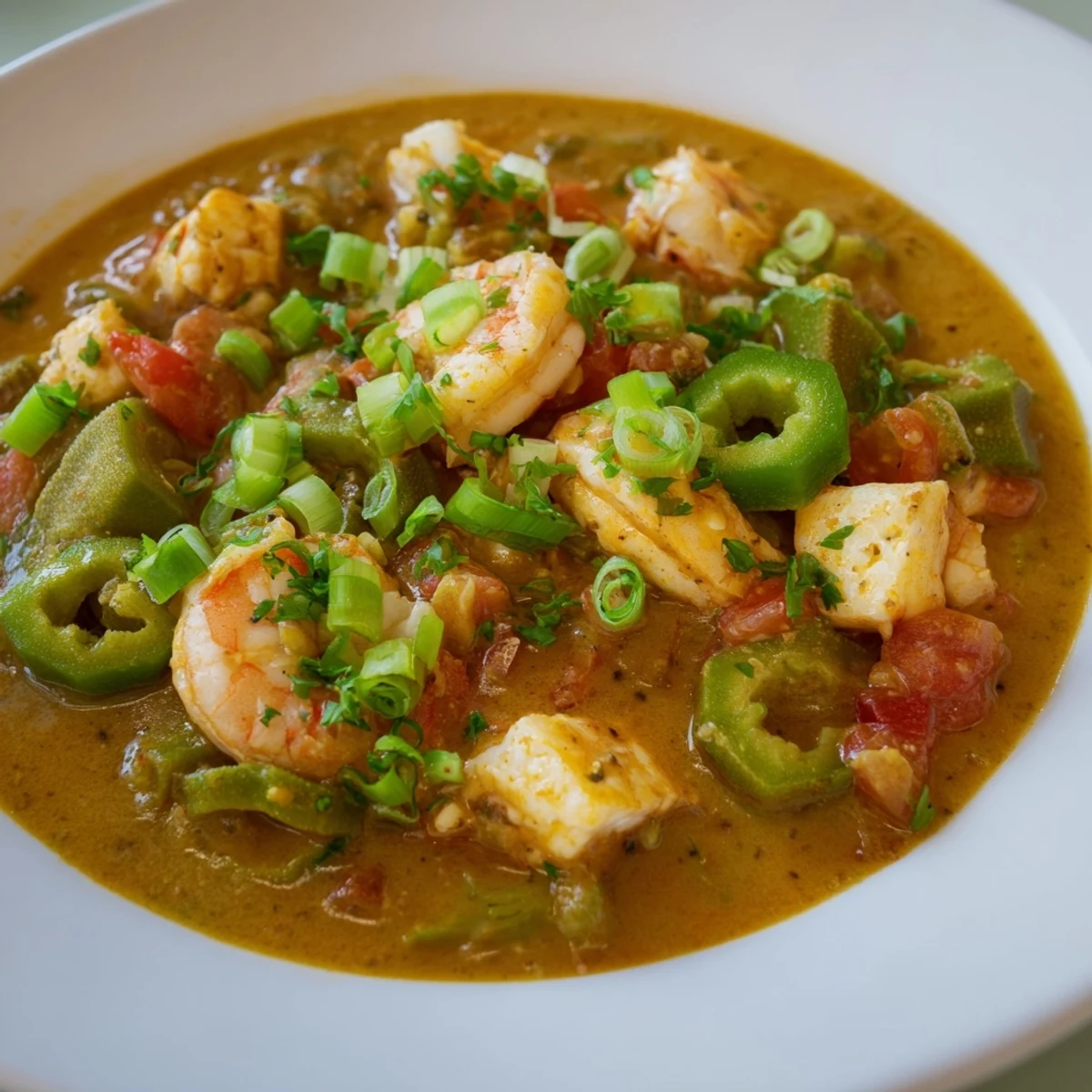 A rustic bowl of Seafood Gumbo with Okra and Tomatoes, brimming with shrimp and crab, served over fluffy white rice on a wood table.