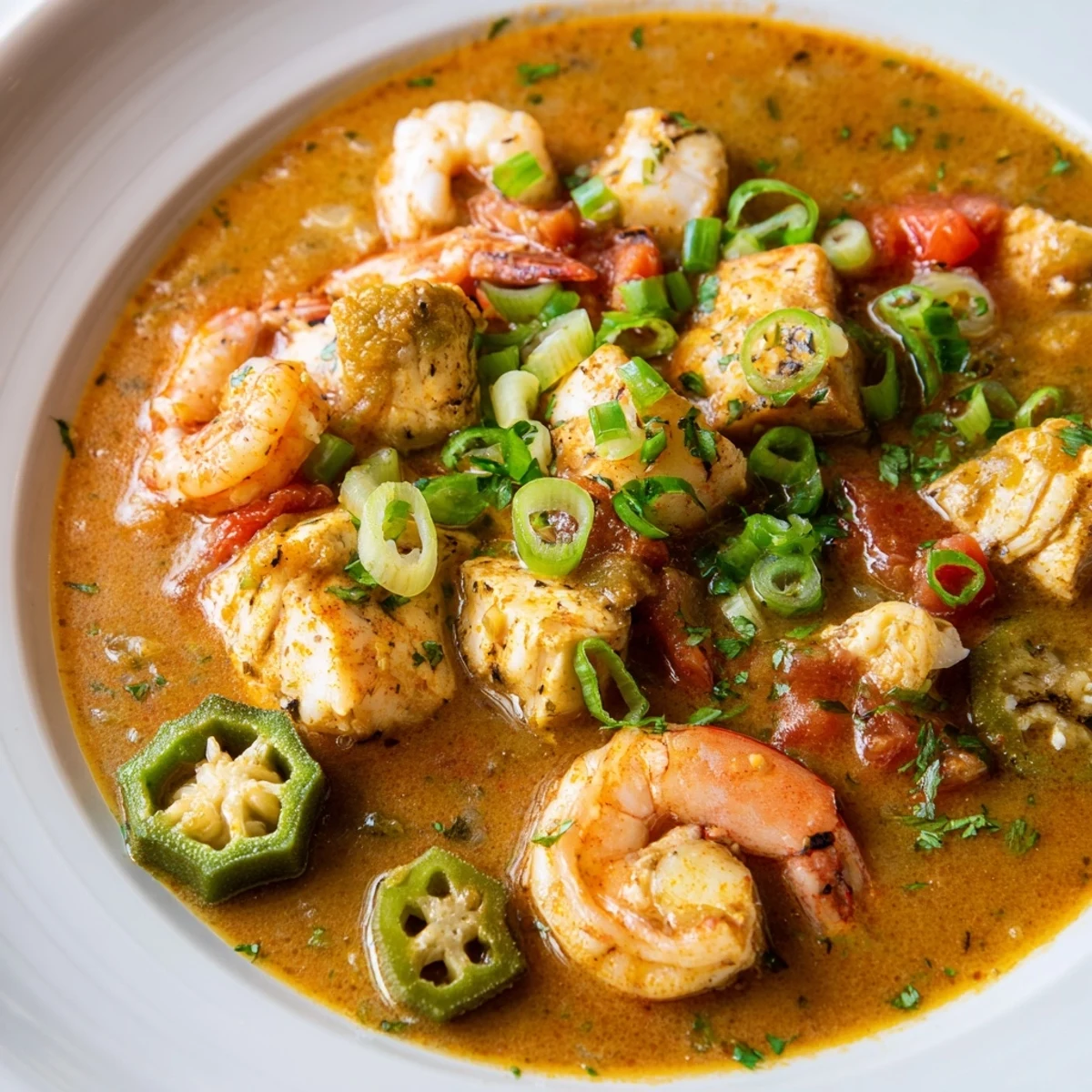 Close-up of Seafood Gumbo with Okra and Tomatoes featuring succulent shrimp, tender fish, and vibrant okra in a rustic wooden bowl.