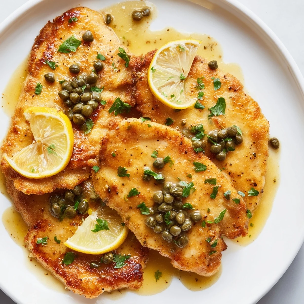 Golden-brown chicken piccata with capers and lemon slices rests in a shimmering, tangy sauce, garnished with fresh parsley.  