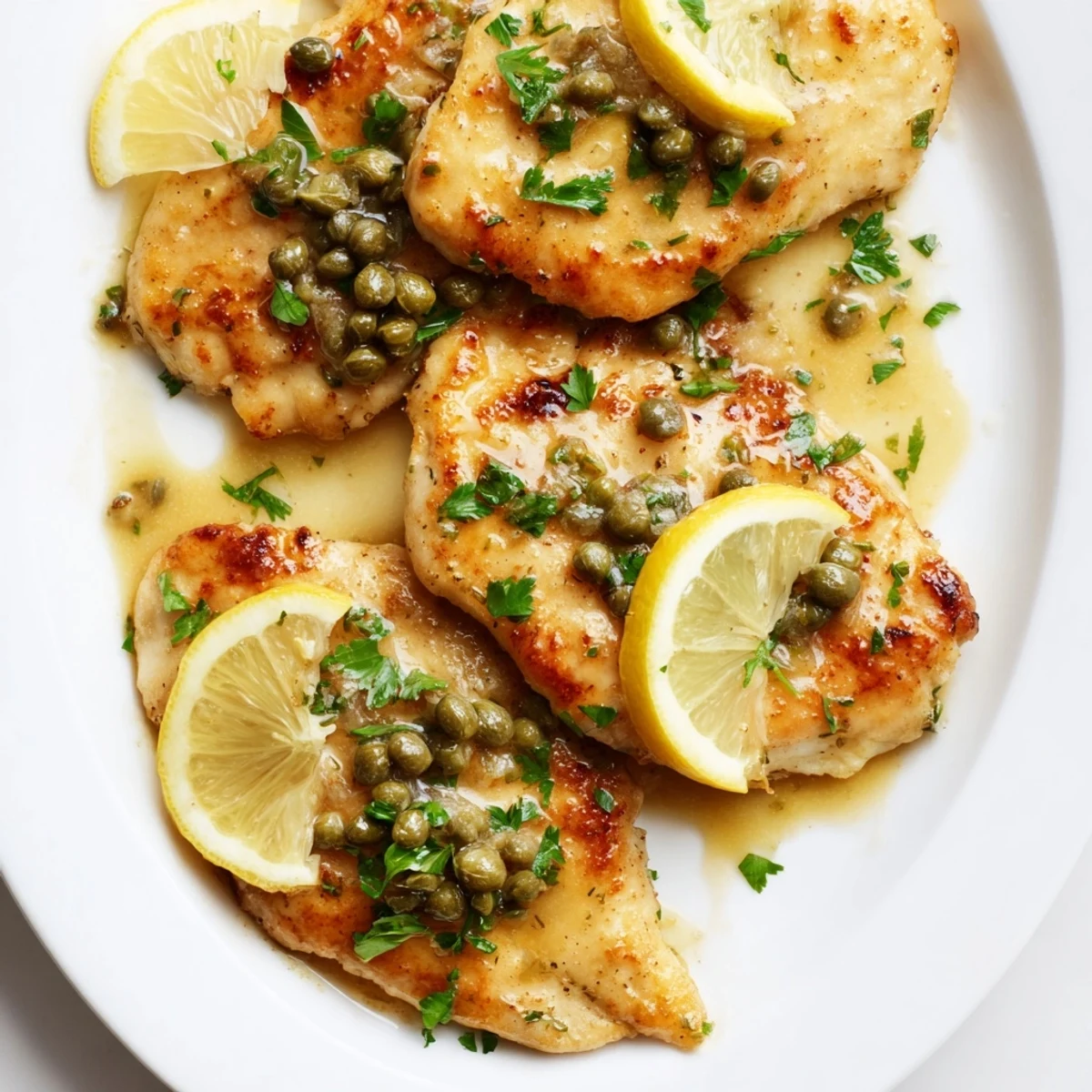 A close-up of sautéed chicken piccata with capers, lemon juice, and a buttery sauce for a bright, elegant meal.