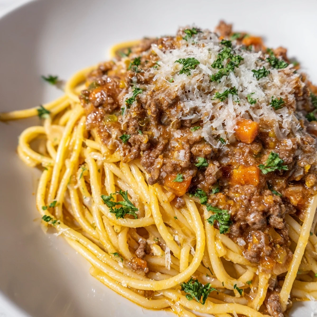 Tender spaghetti noodles coated in a rich, slow-simmered beef Bolognese sauce, garnished with fresh parsley and grated Parmesan.  