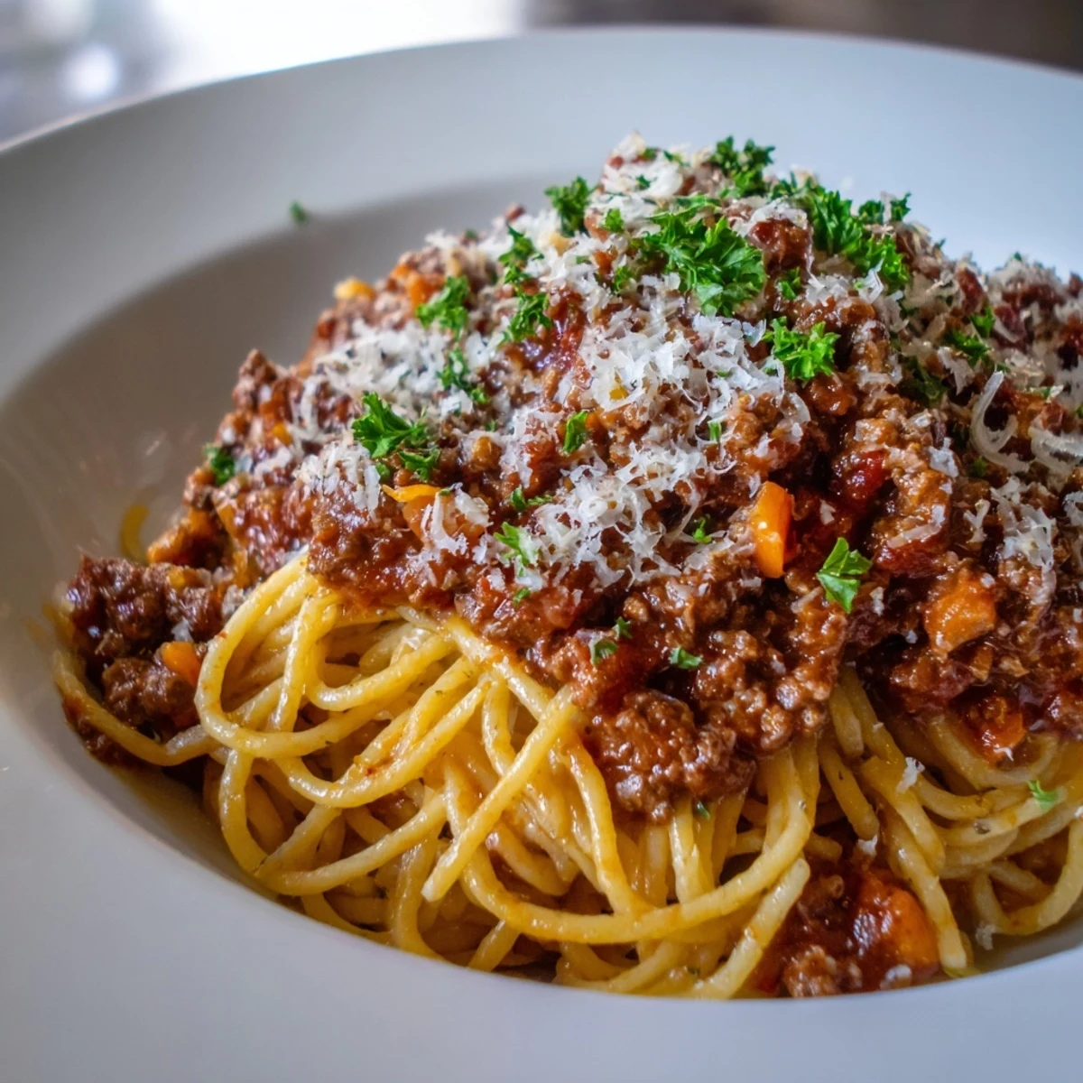 Classic beef Bolognese with spaghetti, simmered for hours, served hot with a sprinkle of Parmesan and fresh herbs.