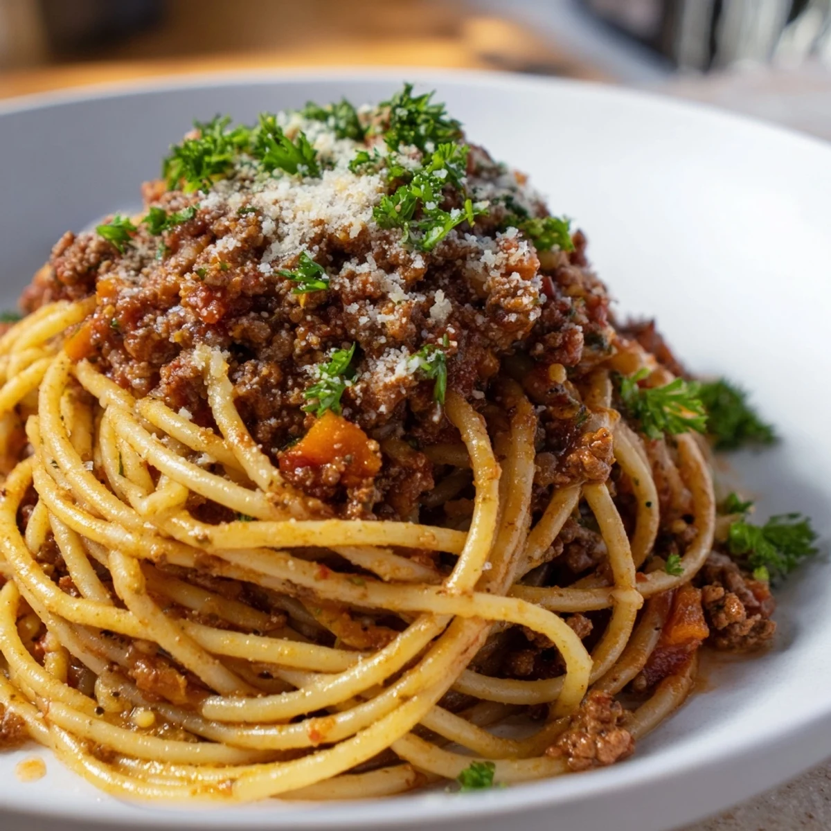 A hearty bowl of beef Bolognese with spaghetti featuring al dente pasta and a robust tomato sauce, ready to serve.  