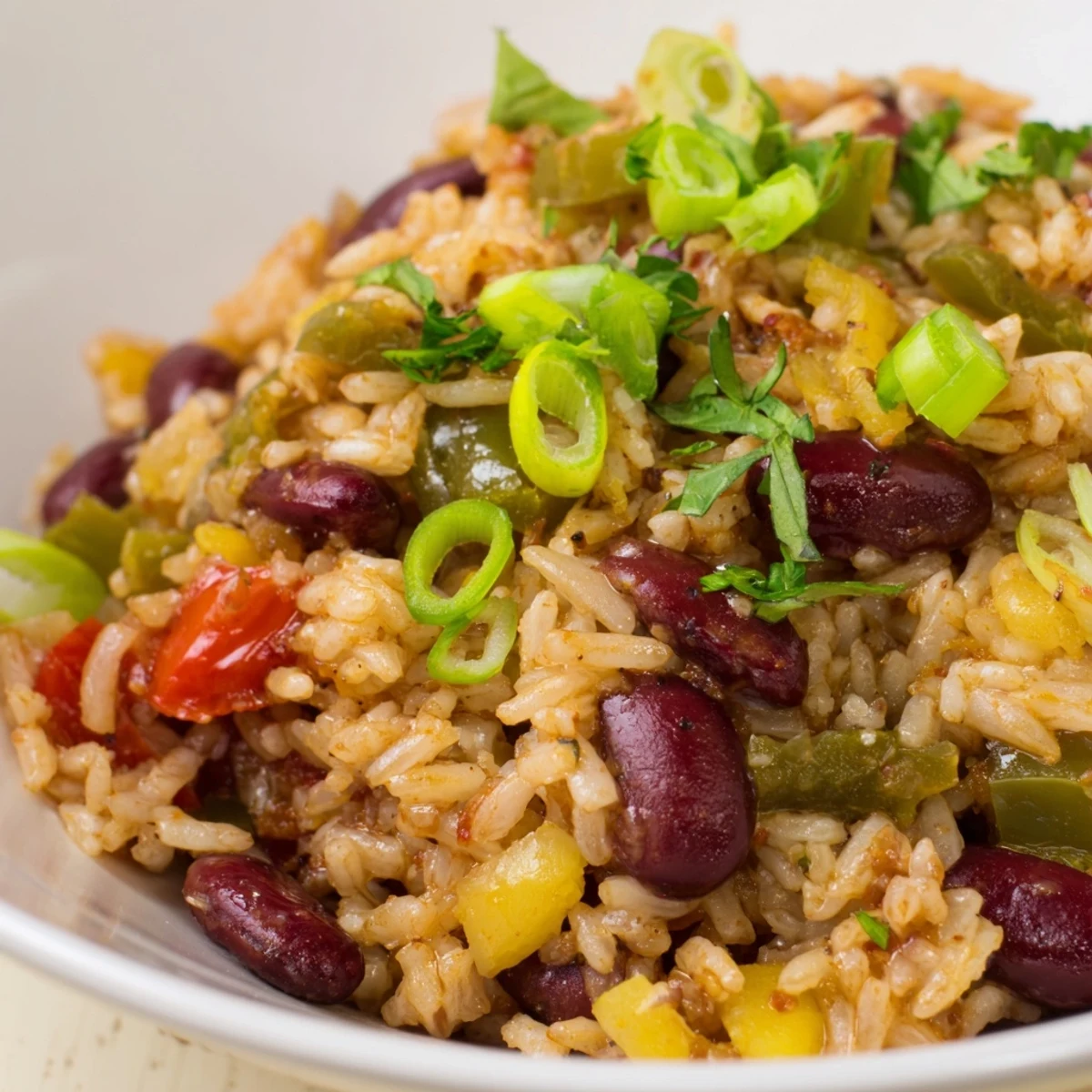 A vibrant bowl of Mardi Gras rice and beans, garnished with green onions and parsley.