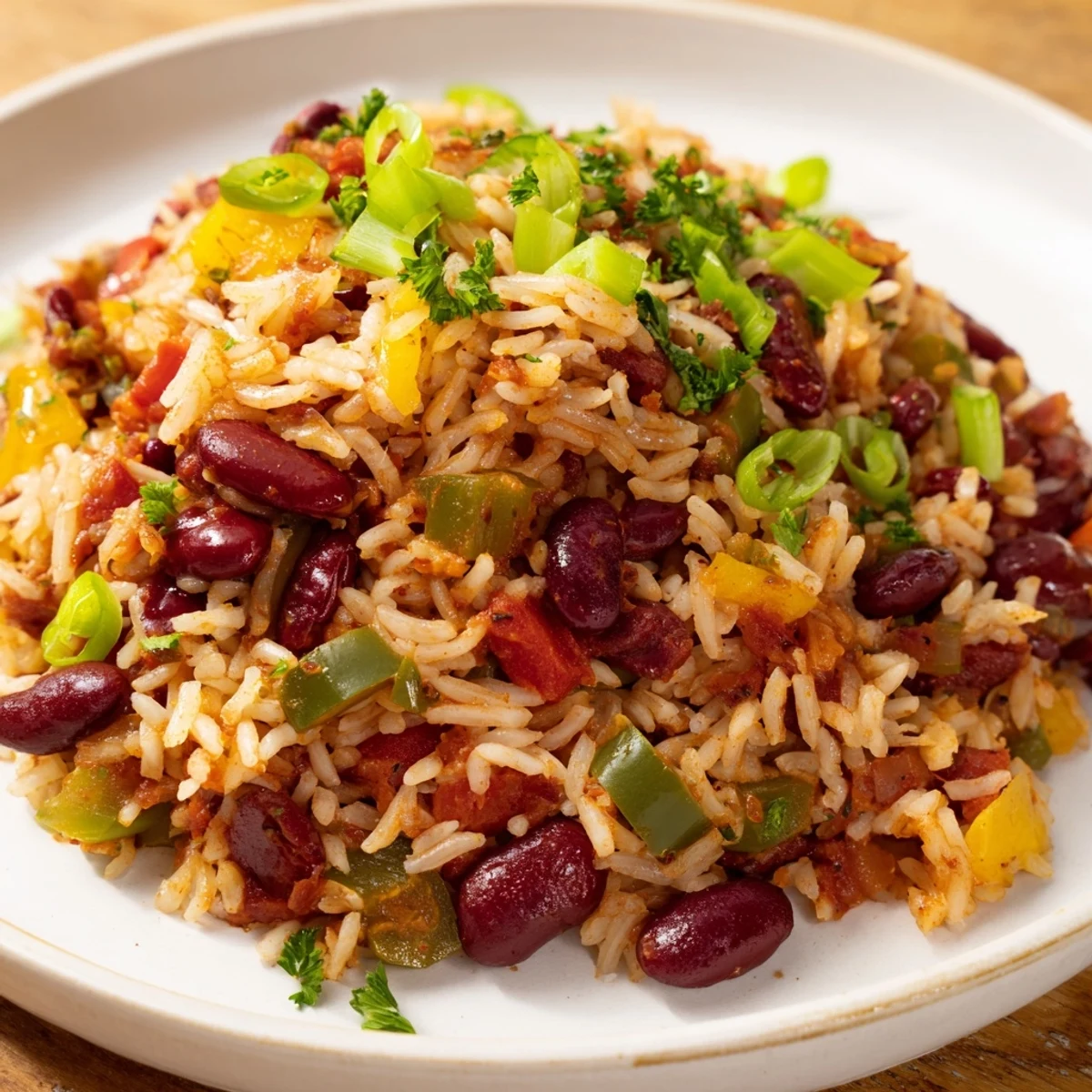 A colorful plate of Mardi Gras rice and beans served with hot sauce and cornbread.