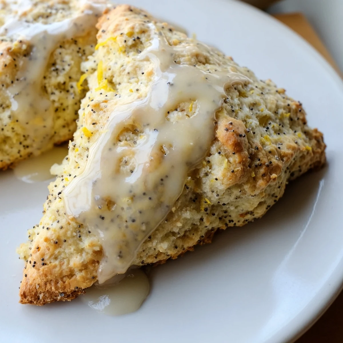 Tender Lemon Poppy Seed Scones drizzled with glaze, surrounded by fresh lemon slices on a wooden board.