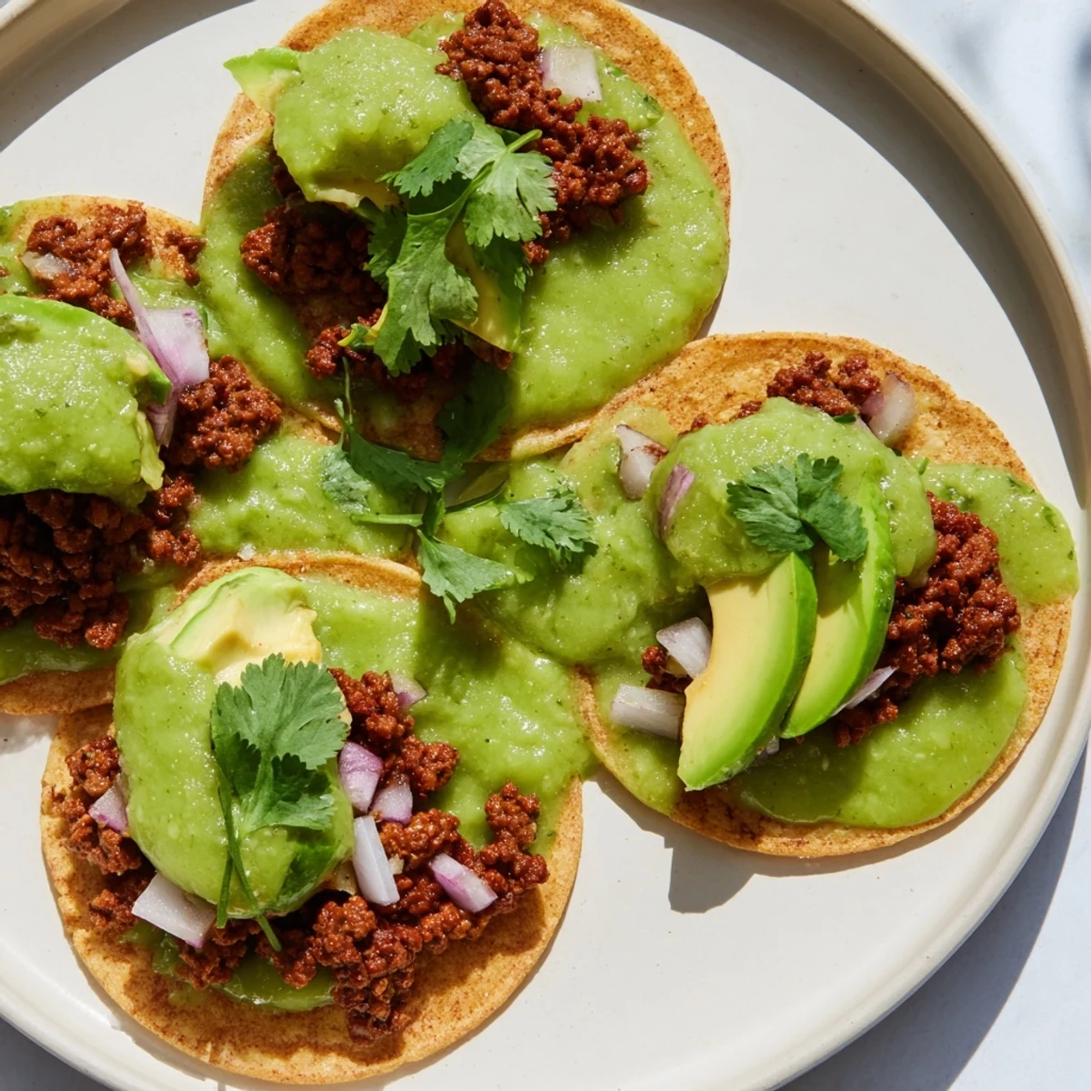 Tender, spicy ground beef rests on a soft tortilla, drizzled with homemade salsa verde and topped with fresh cilantro.