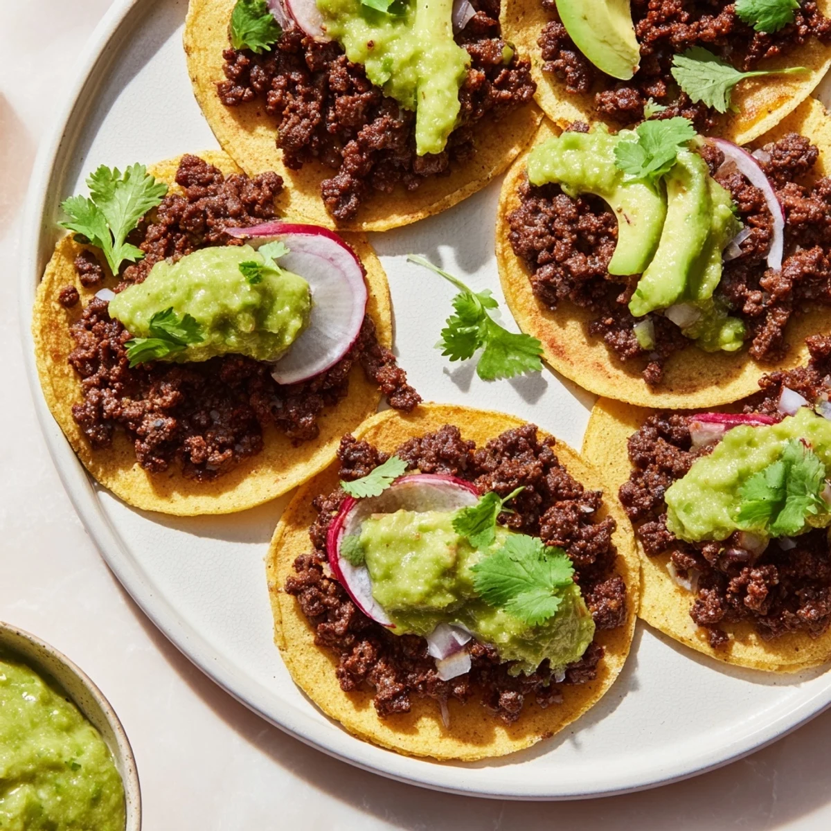 Golden, juicy, seasoned beef fills warm corn tortillas, generously topped with bright, zesty homemade salsa verde and creamy avocado slices.