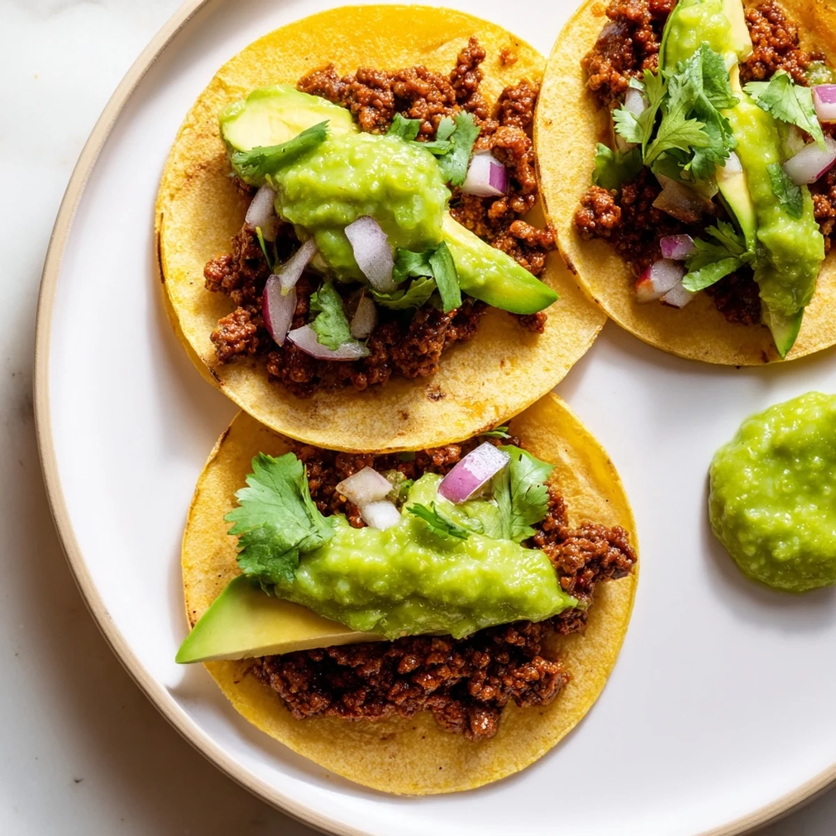 An overhead view of Spicy Beef Tacos with Salsa Verde, featuring savory beef, vibrant green sauce, and fresh toppings on a rustic table.