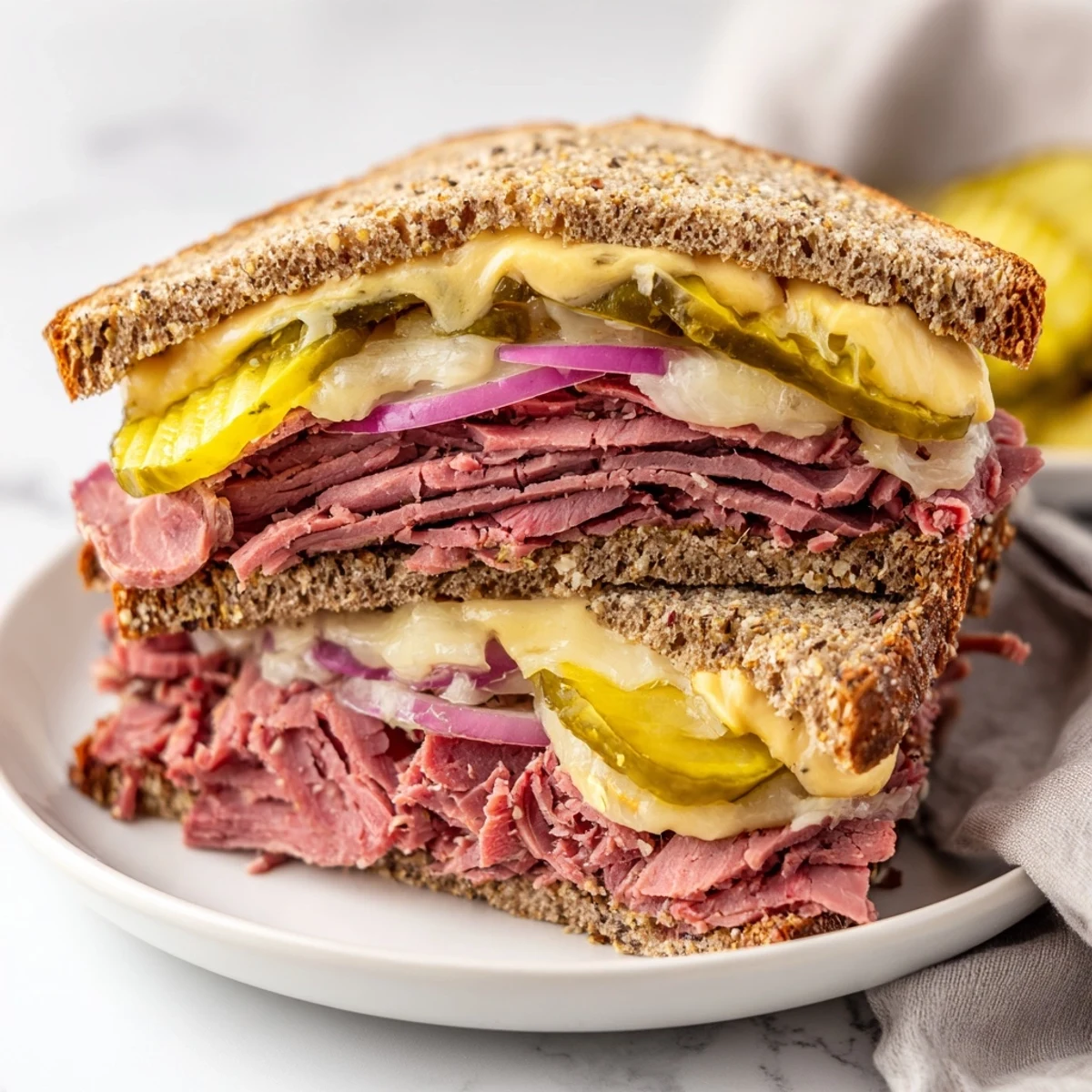 Close-up of a classic Corned Beef Sandwich on Rye, featuring tender slices of corned beef layered with Swiss cheese and crisp dill pickles.  