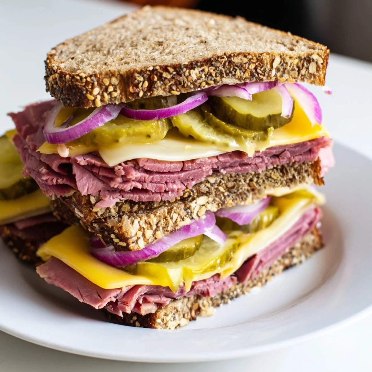 Halved Corned Beef Sandwich on Rye reveals stacked corned beef and melted Swiss cheese between slices of seeded rye bread.