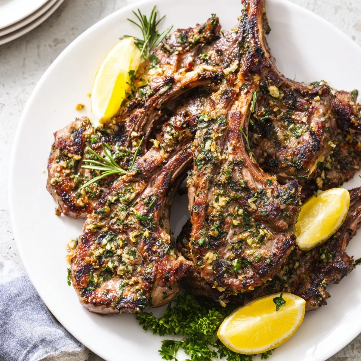 Eight golden-brown Roasted Lamb Chops with Garlic garnished with fresh rosemary and lemon wedges on a rustic wooden board.