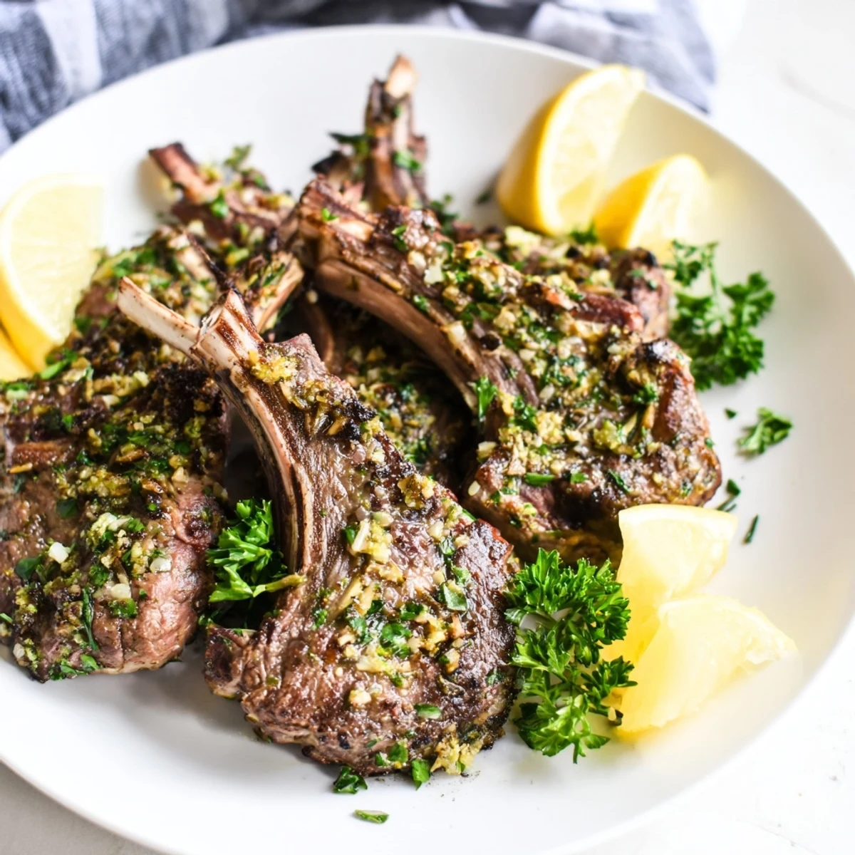 Succulent Roasted Lamb Chops with Garlic resting in a skillet, showcasing juicy pink interiors and aromatic herb crust.