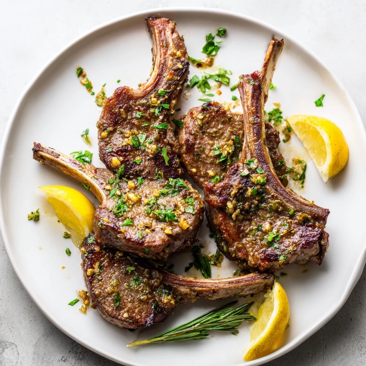Elegant platter of Roasted Lamb Chops with Garlic served alongside roasted potatoes and a fresh green salad.