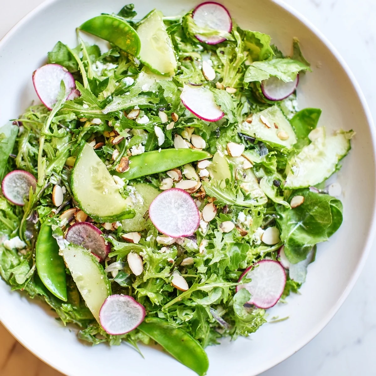 Crisp mixed spring greens with snap peas, cucumber, and radishes tossed in a zesty lemon vinaigrette, topped with toasted almonds and crumbled goat cheese.  