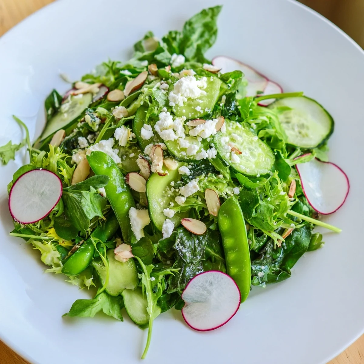 A vibrant bowl of Spring Greens Salad with Lemon Vinaigrette showcases crisp veggies, sliced radishes, and a light honey-Dijon dressing.