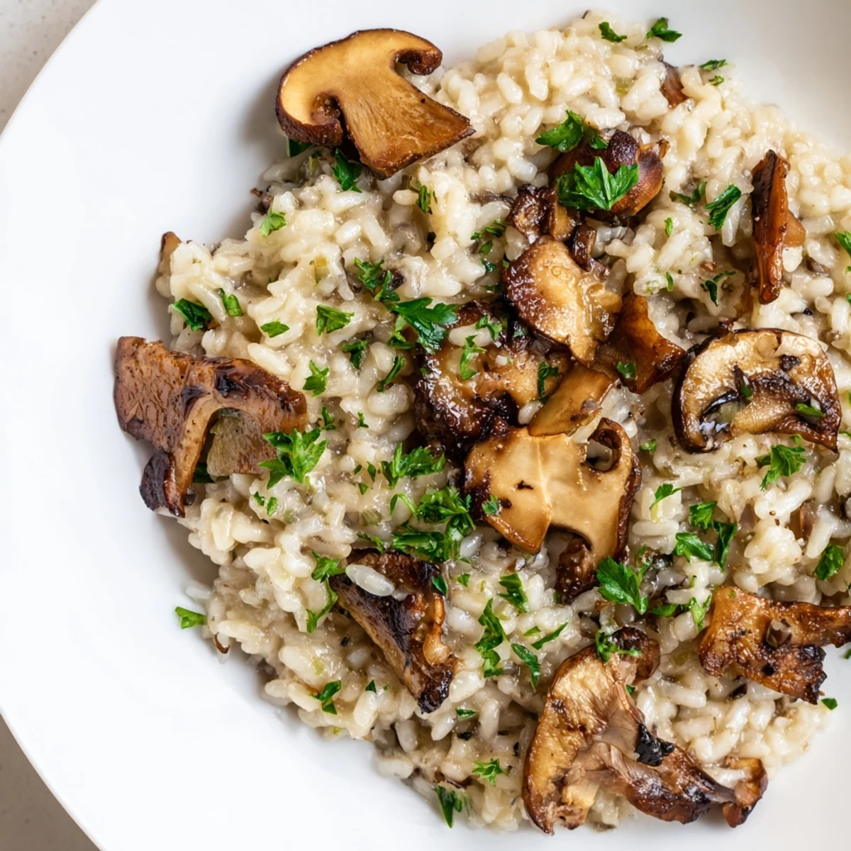 Steaming Creamy Mushroom Risotto with Truffle Oil in a white ceramic bowl, featuring sautéed mushrooms and a velvety texture.