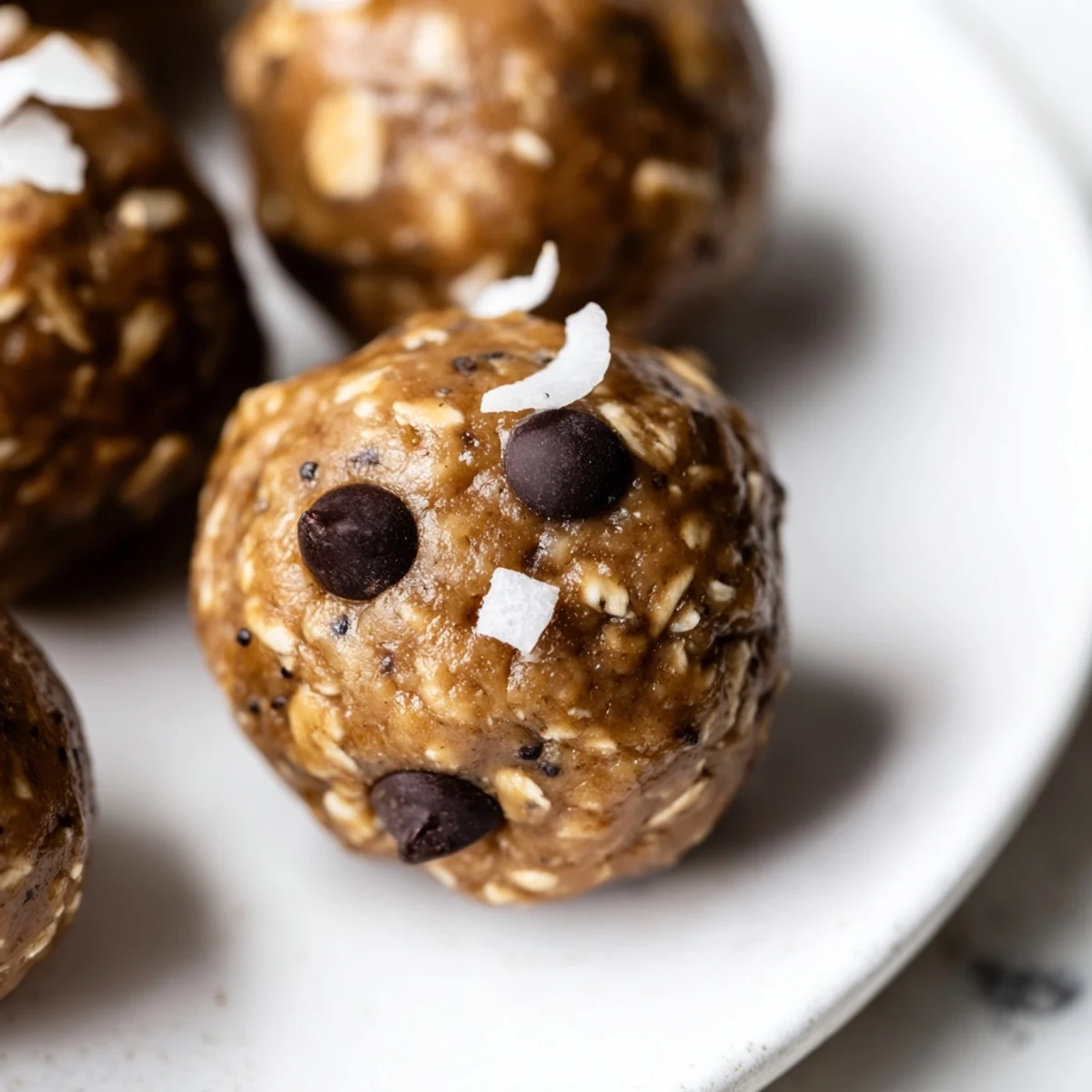 Two Chocolate Peanut Butter Energy Balls on a parchment-lined tray with rolled oats and honey, showing a rich, creamy texture and no-bake goodness.