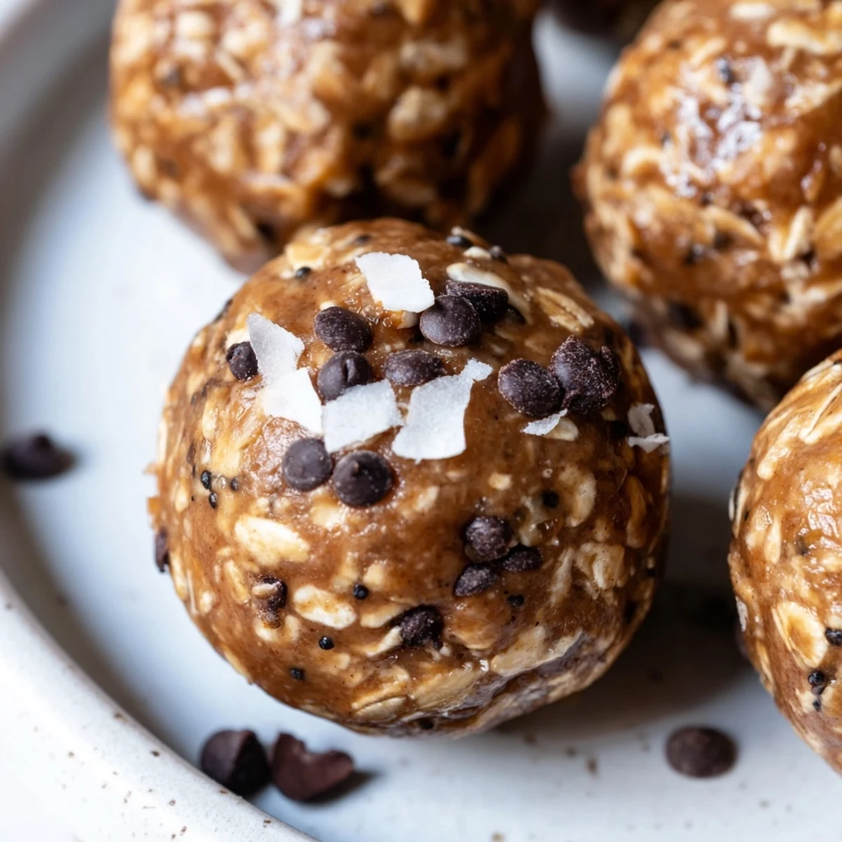 Rolled oats, peanut butter, and chocolate chips in Chocolate Peanut Butter Energy Balls, with chia seeds and shredded coconut on a marble counter.