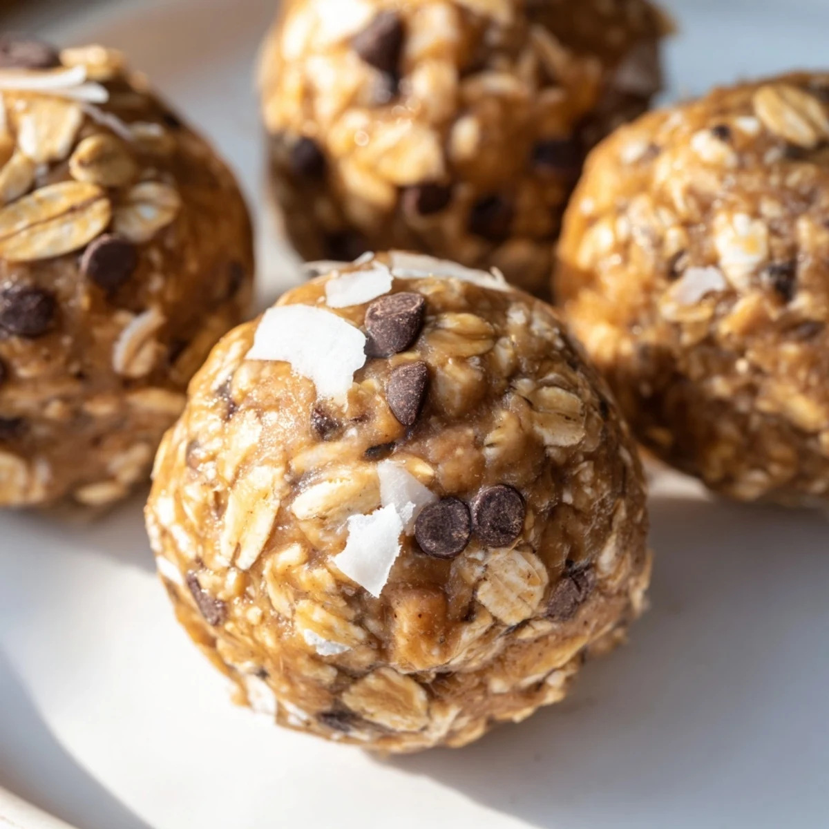 Chocolate Peanut Butter Energy Balls stacked on a white plate, served with a glass of almond milk for a quick, satisfying snack.