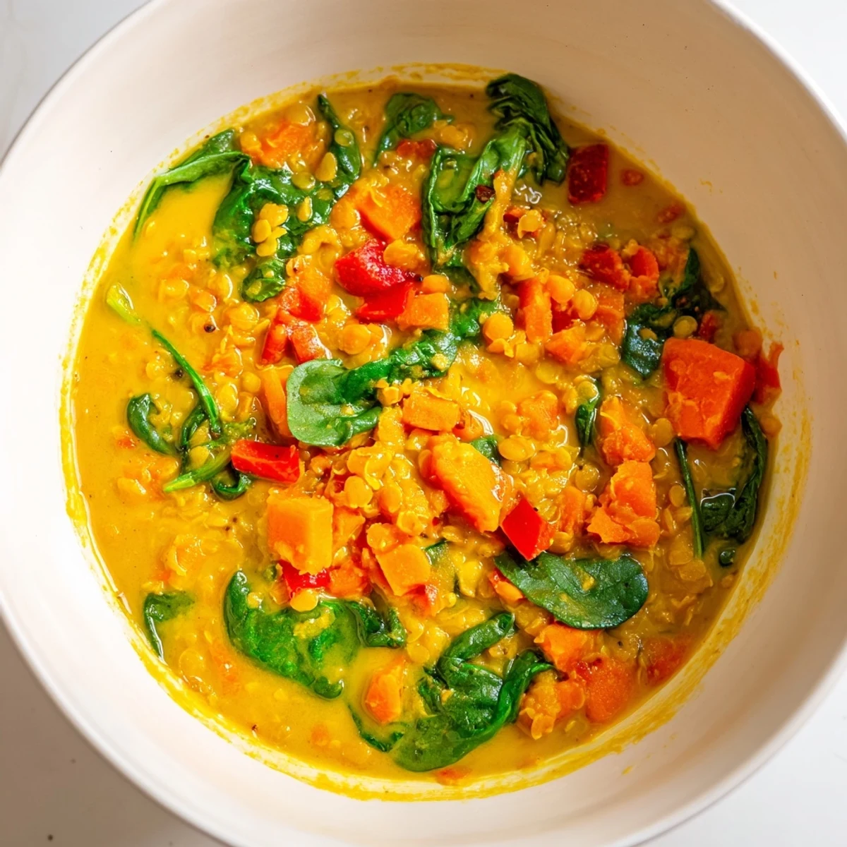 A steaming bowl of Coconut Curry Lentil Soup with Spinach showing creamy orange broth, tender lentils, and wilted greens.