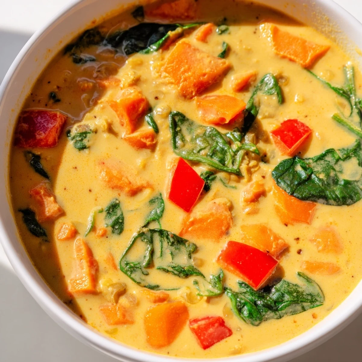 Close-up of Coconut Curry Lentil Soup with Spinach, ladled from a pot with lime wedges and naan on the side.