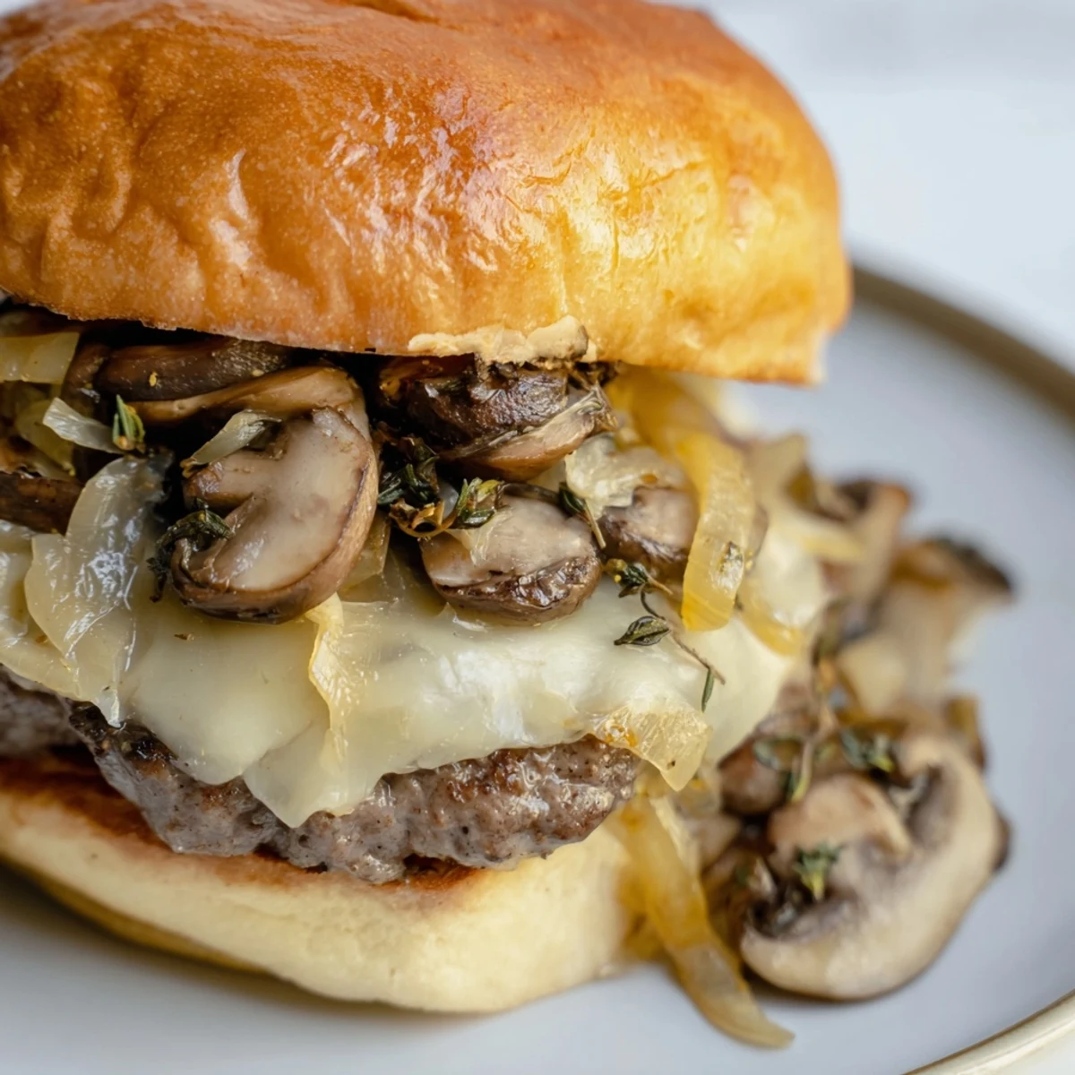 In the photo, a golden toasted brioche bun cradles a Mushroom and Swiss Burger with Caramelized Onions piled high with mushrooms.