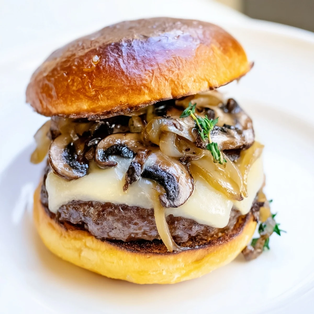 Overhead view of a plated Mushroom and Swiss Burger with Caramelized Onions alongside arugula and a side of sweet potato fries.