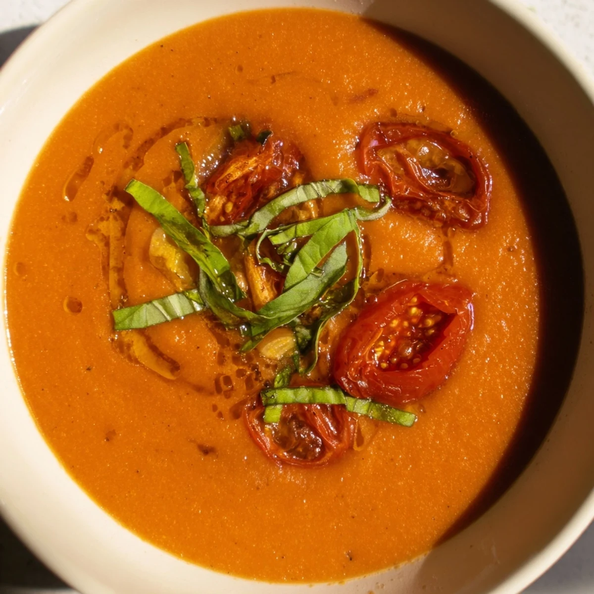 Creamy roasted garlic and tomato basil soup simmering in a pot, with roasted tomatoes and garlic cloves ready to blend.
