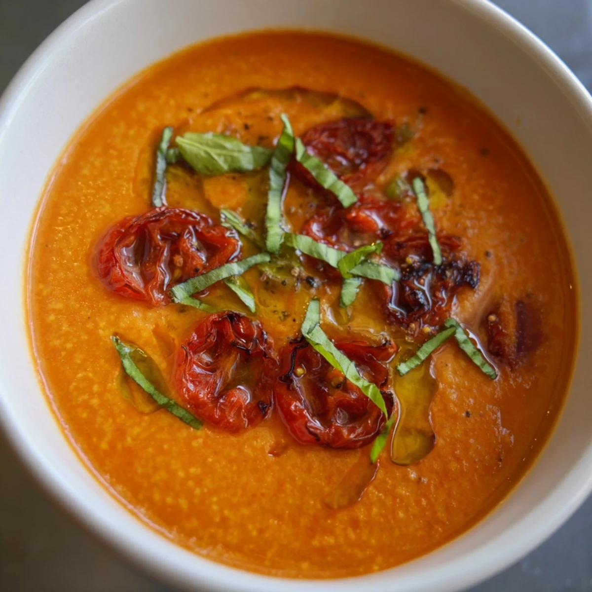 A warm bowl of roasted garlic and tomato basil soup beside crusty gluten-free bread and a drizzle of olive oil.