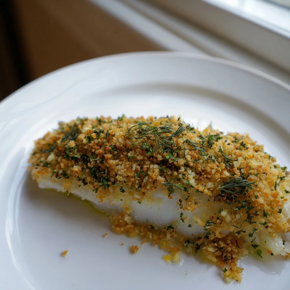 Golden baked cod fillets topped with a crispy lemon herb panko crumb, served with fresh lemon wedges.