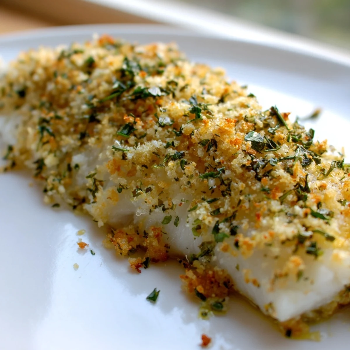 Flaky white fish baked with a savory Parmesan panko crust and herbs, plated on a white dish.