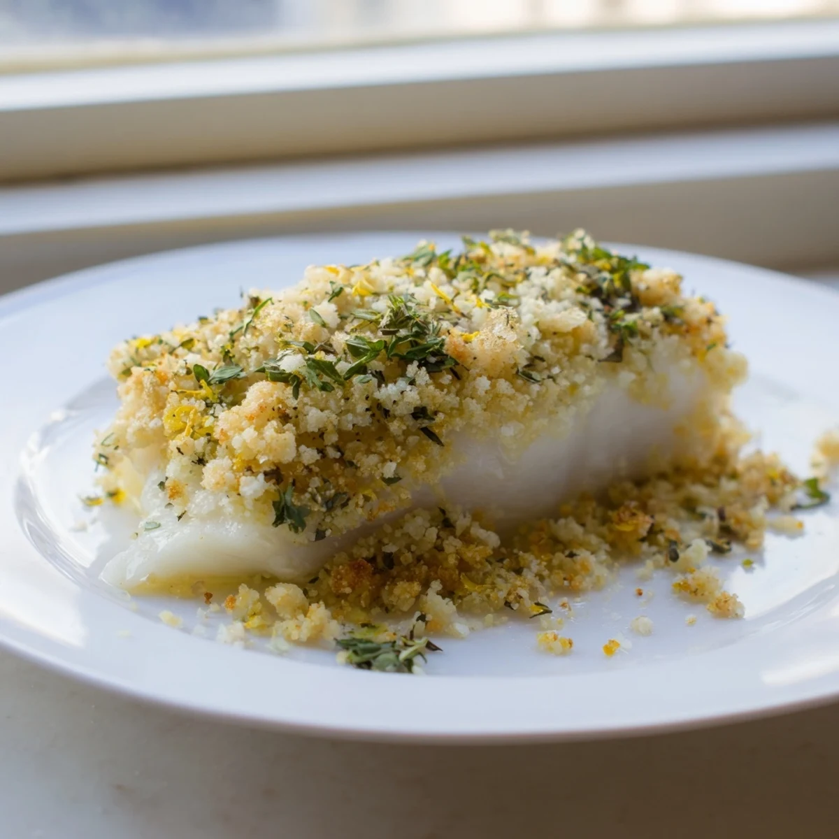 Easy baked cod with lemon herb panko topping, garnished with lemon wedges and fresh parsley sprigs.