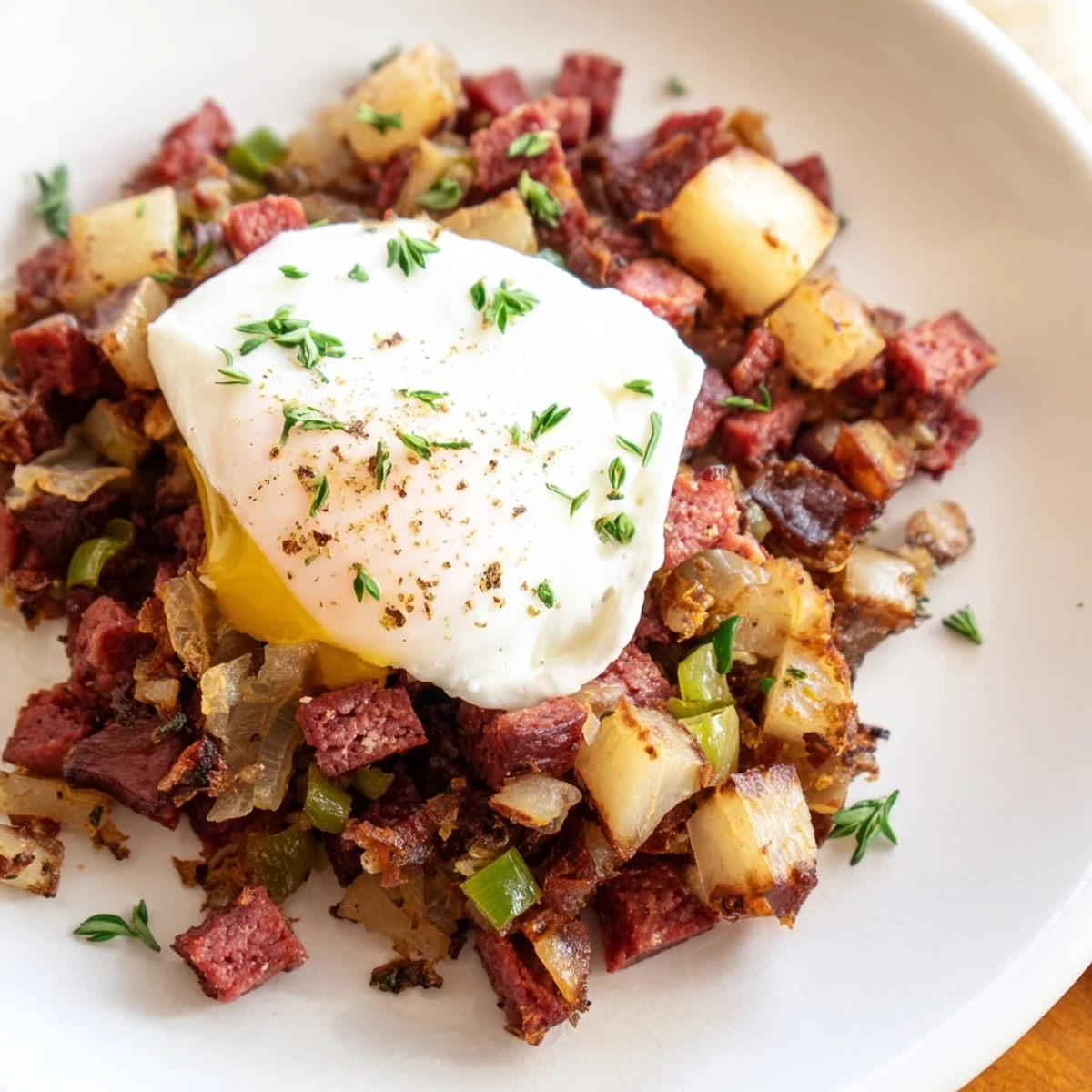 Crispy corned beef hash with poached eggs, garnished with parsley on a rustic plate for a hearty brunch.