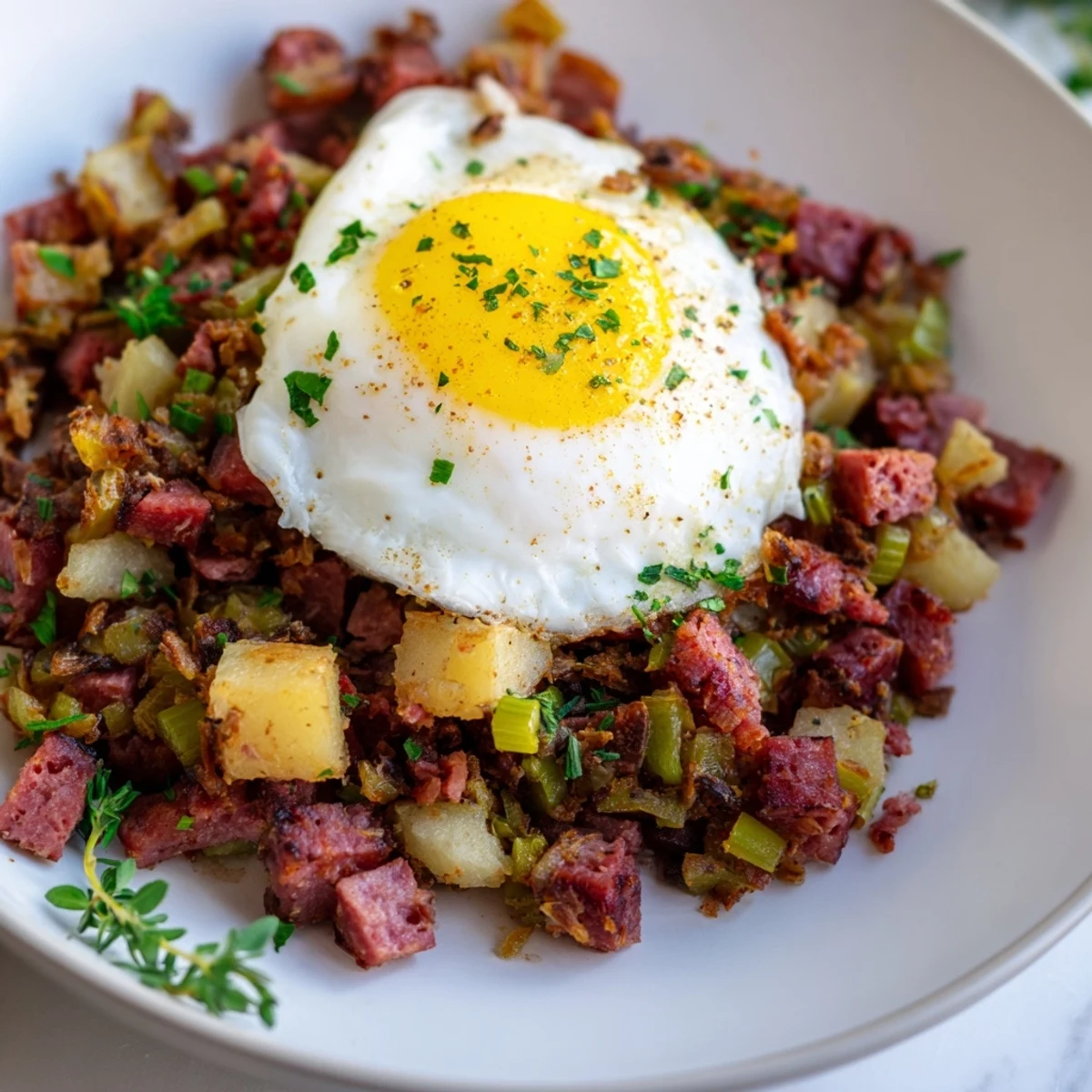 Golden-brown potato and corned beef hash topped with runny-yolk poached eggs and a dash of hot sauce.