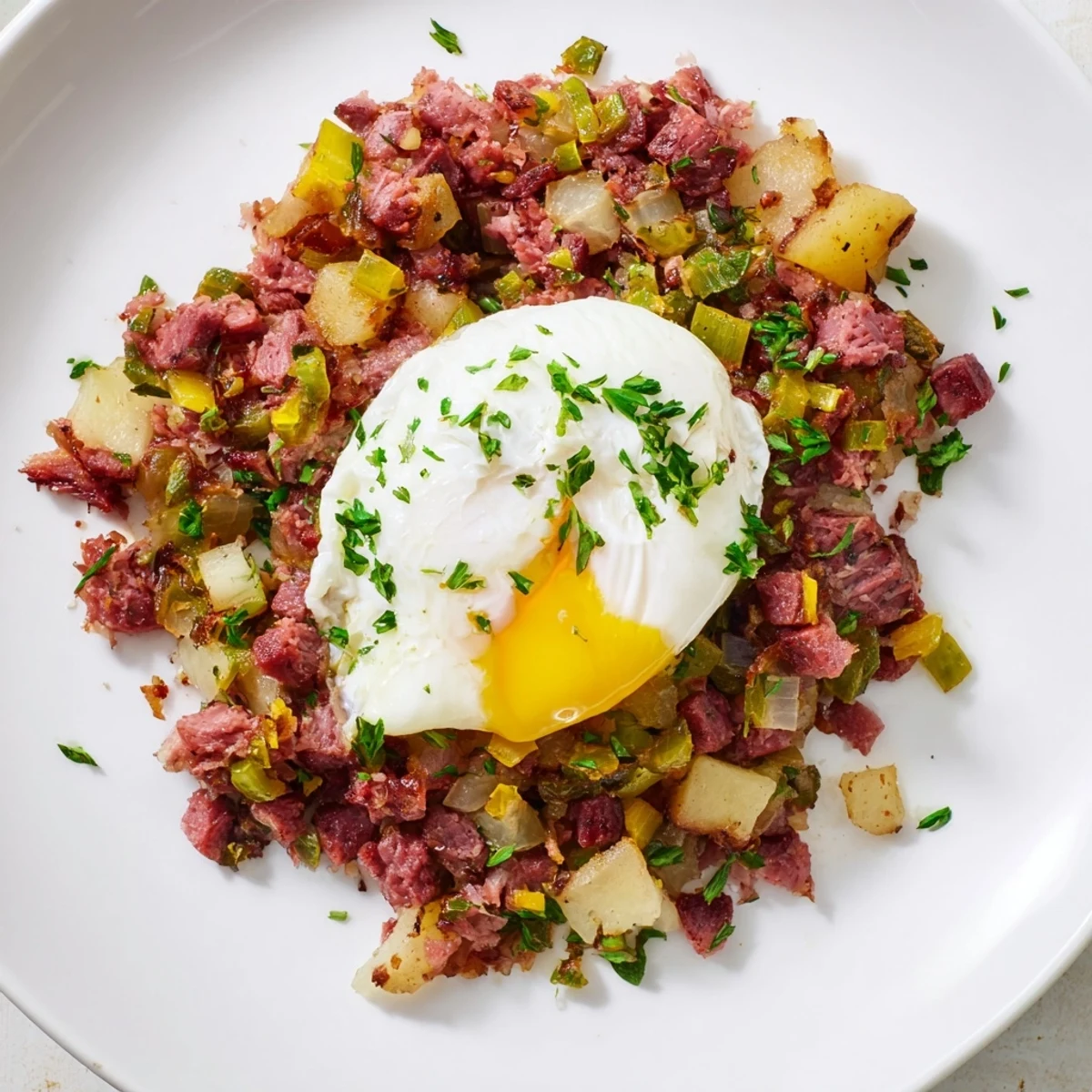 Freshly prepared corned beef hash with poached eggs and thyme, served hot for a comforting breakfast.