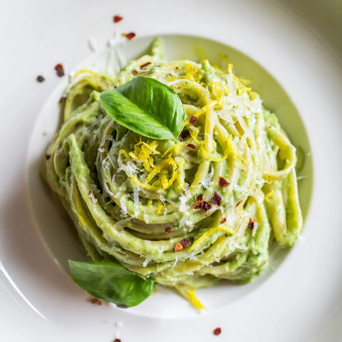 Freshly blended creamy avocado and spinach pasta twirled on a fork, garnished with lemon zest and basil leaves.