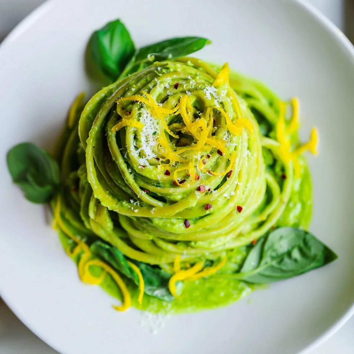 Creamy avocado and spinach pasta plated beside a glass of white wine on a rustic wooden table.