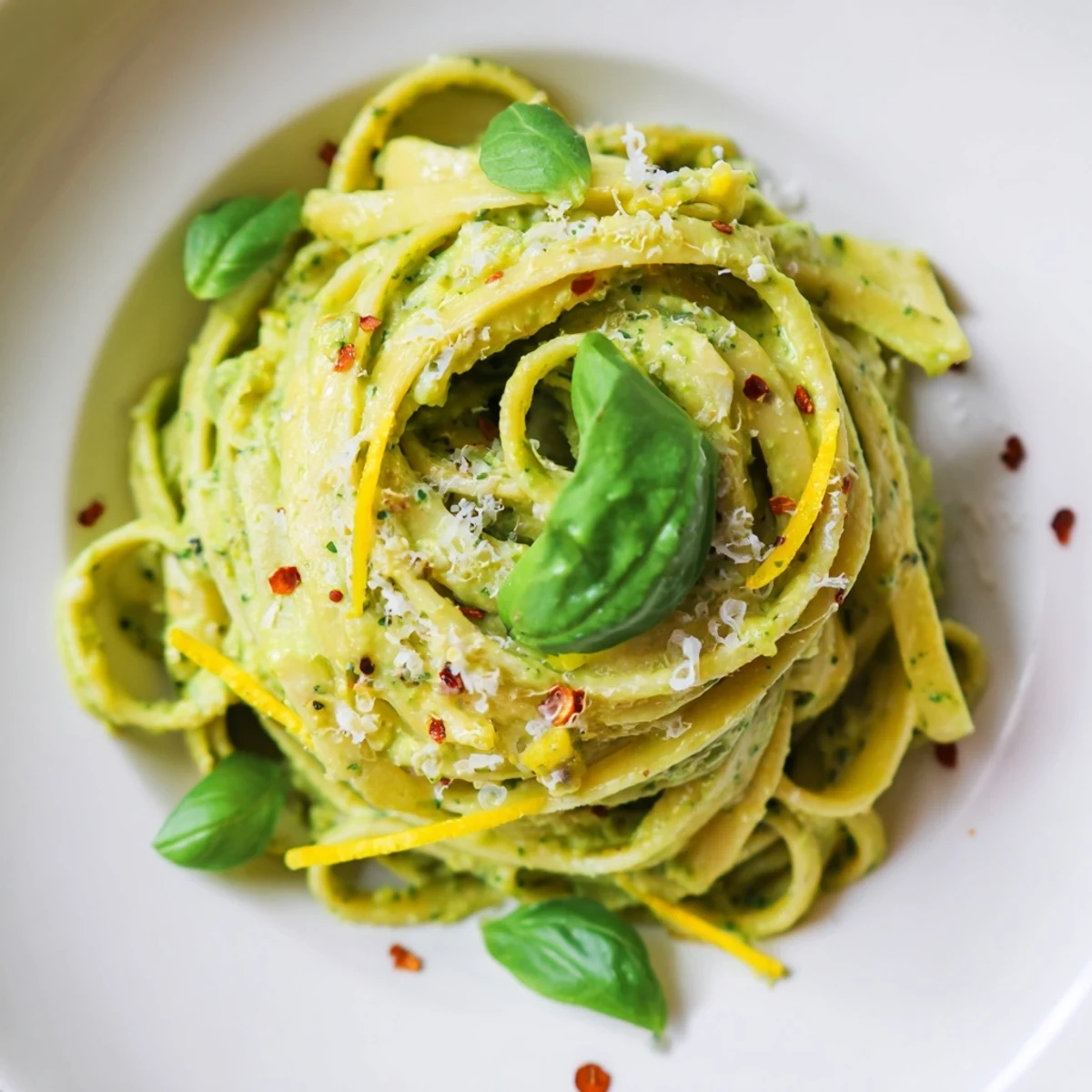 Creamy avocado and spinach pasta served warm in a white bowl with extra Parmesan and red pepper flakes.