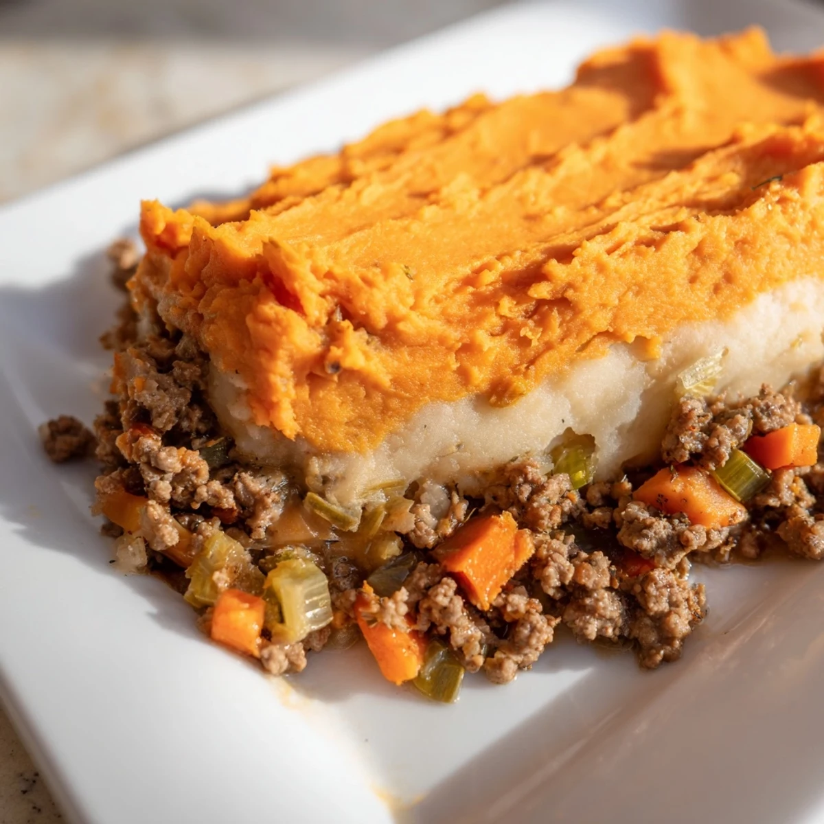 A close-up of Beef Shepherds Pie with Sweet Potato Topping shows golden brown mashed potatoes and a bubbling beef and vegetable filling.