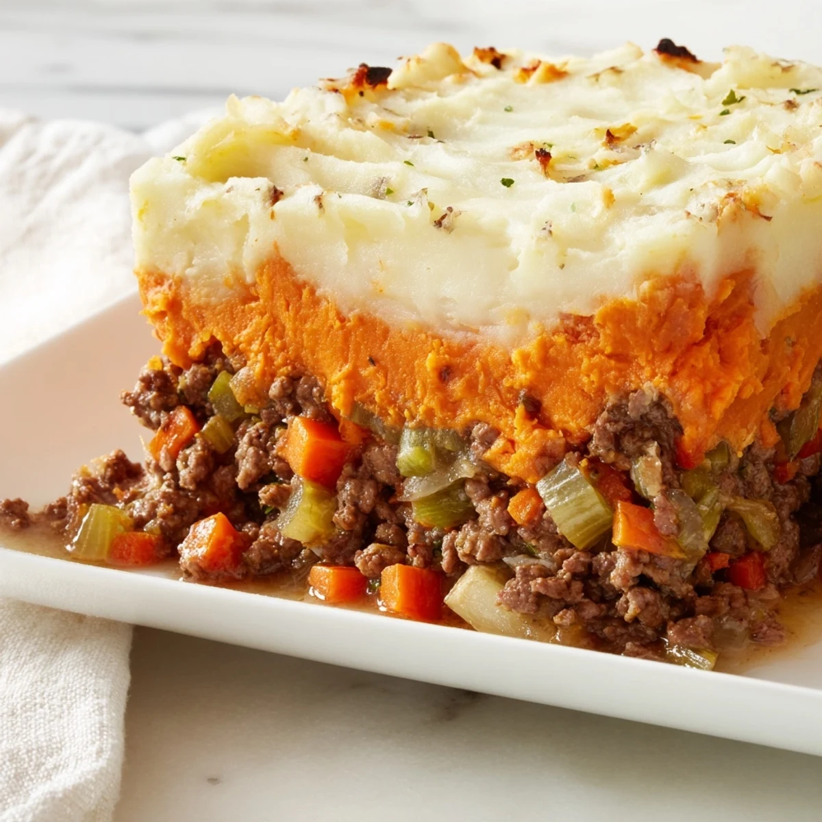 In a white baking dish, Beef Shepherds Pie with Sweet Potato Topping offers a hearty meal served with a side of green beans.
