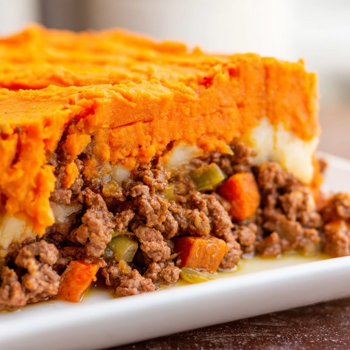 The rustic Beef Shepherds Pie with Sweet Potato Topping reveals layers of savory ground beef and creamy orange sweet potato mash.