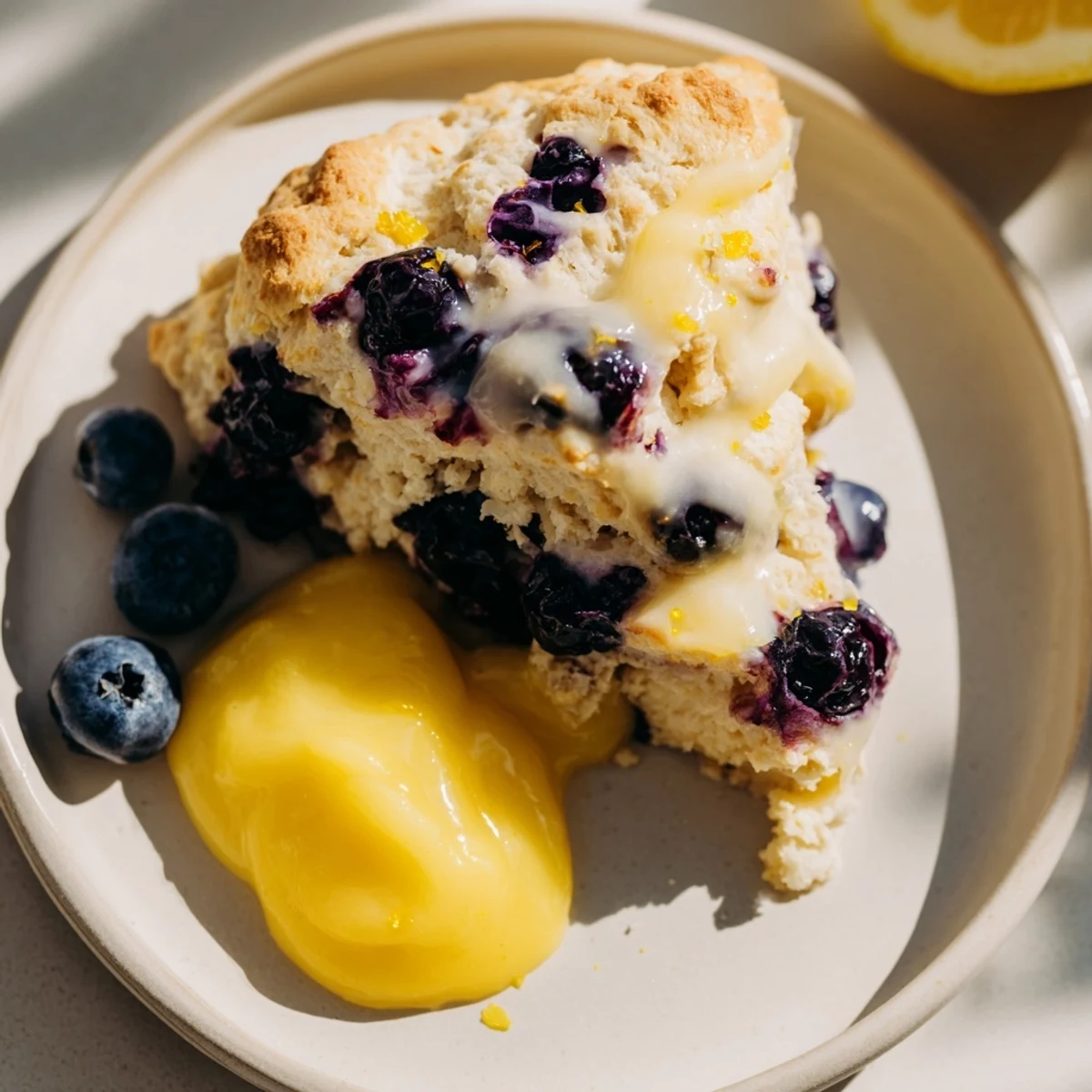 Golden Lemon Blueberry Scones with Lemon Curd topped with fresh berries and a drizzle of glaze on a rustic wooden board.