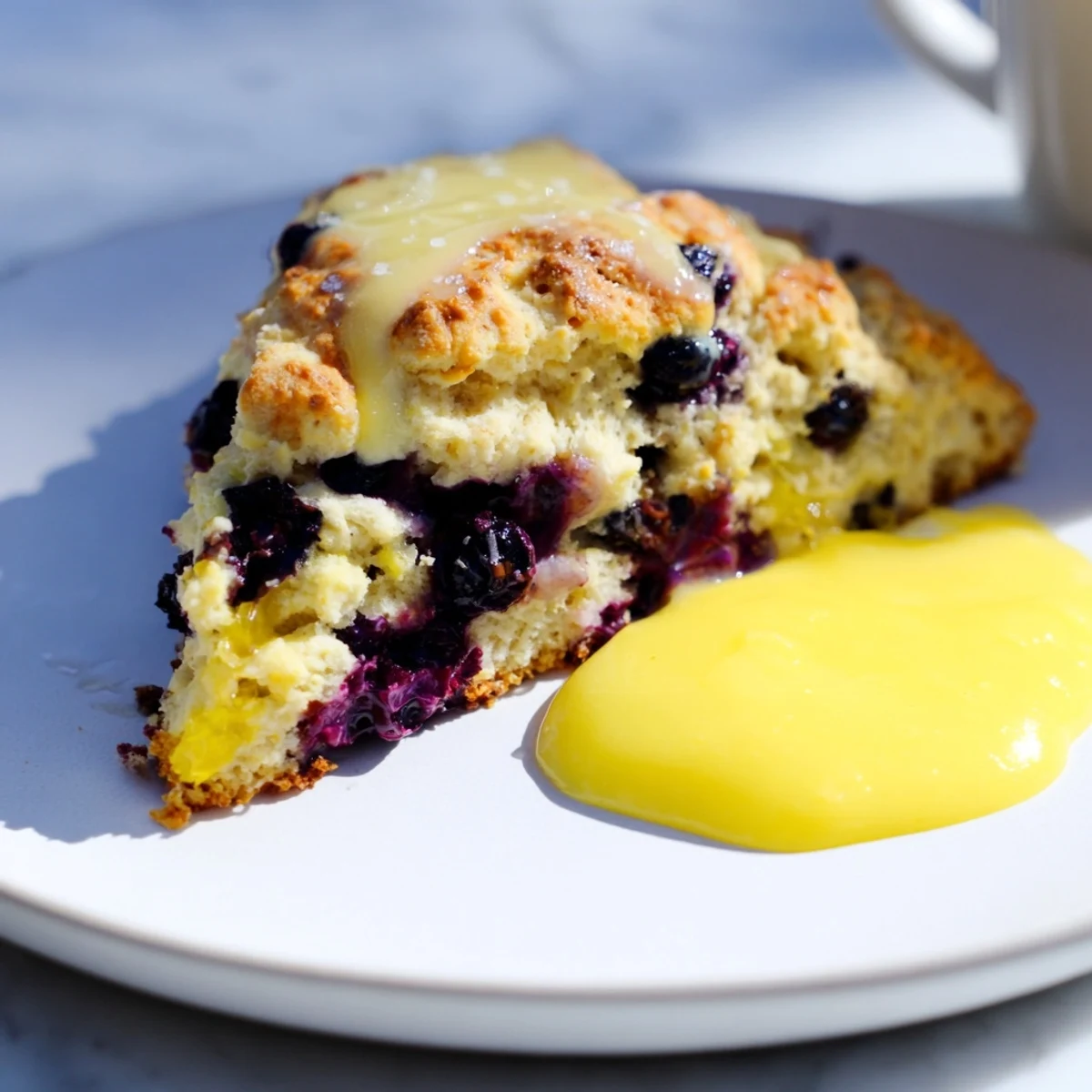 Freshly baked Lemon Blueberry Scones with Lemon Curd on a white plate, showcasing juicy berries and a tender crumb.