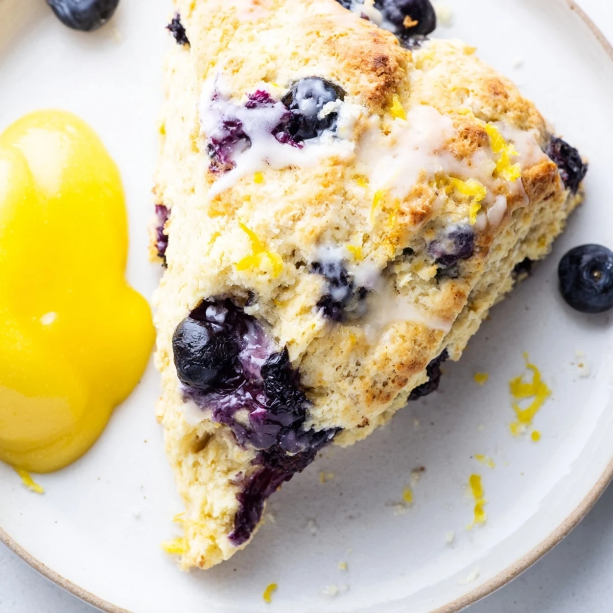 Warm Lemon Blueberry Scones with Lemon Curd served beside a small dish of yellow curd and fresh lemon slices.