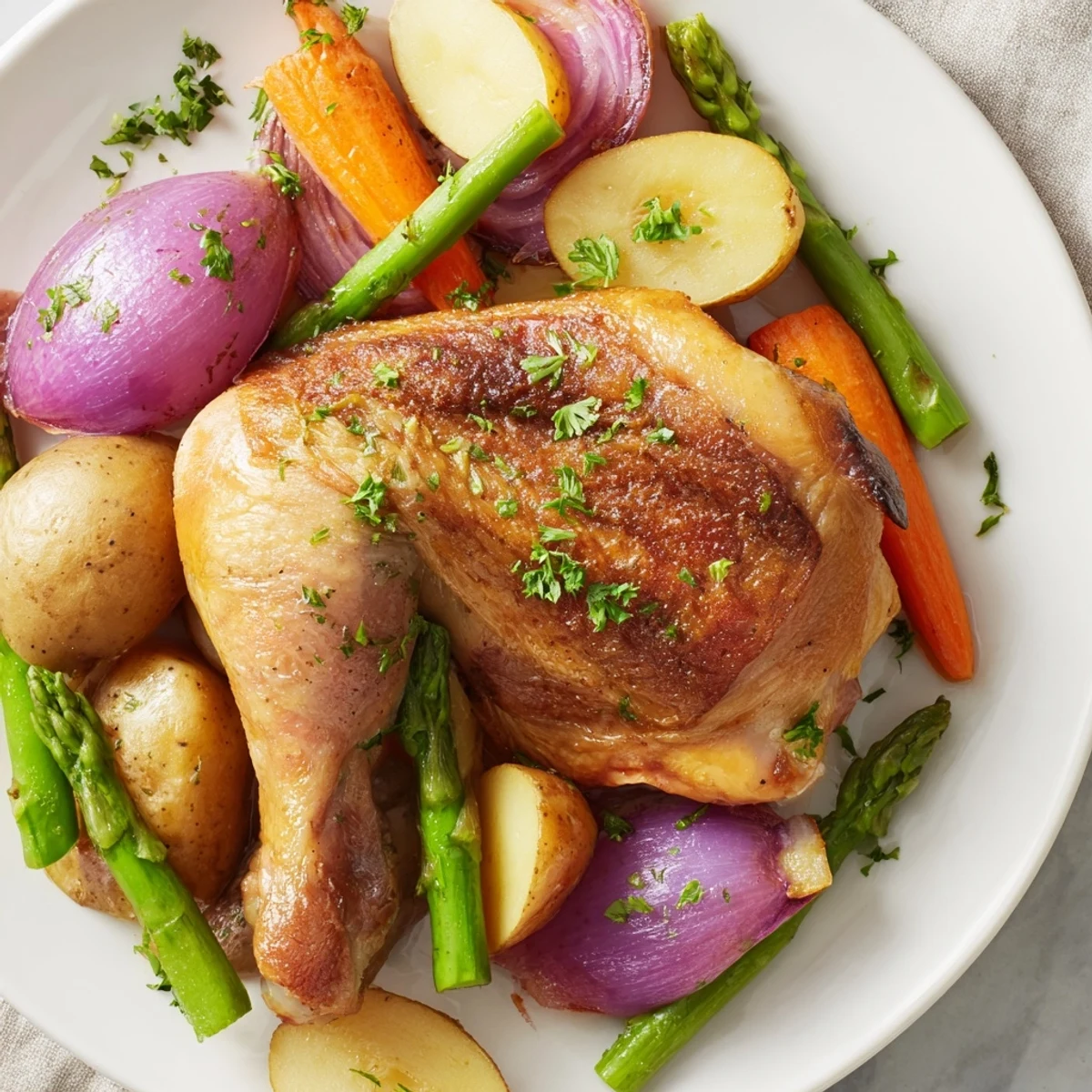 Roasted Chicken with Spring Vegetables rests on a rustic platter, garnished with parsley and lemon wedges for bright flavor.